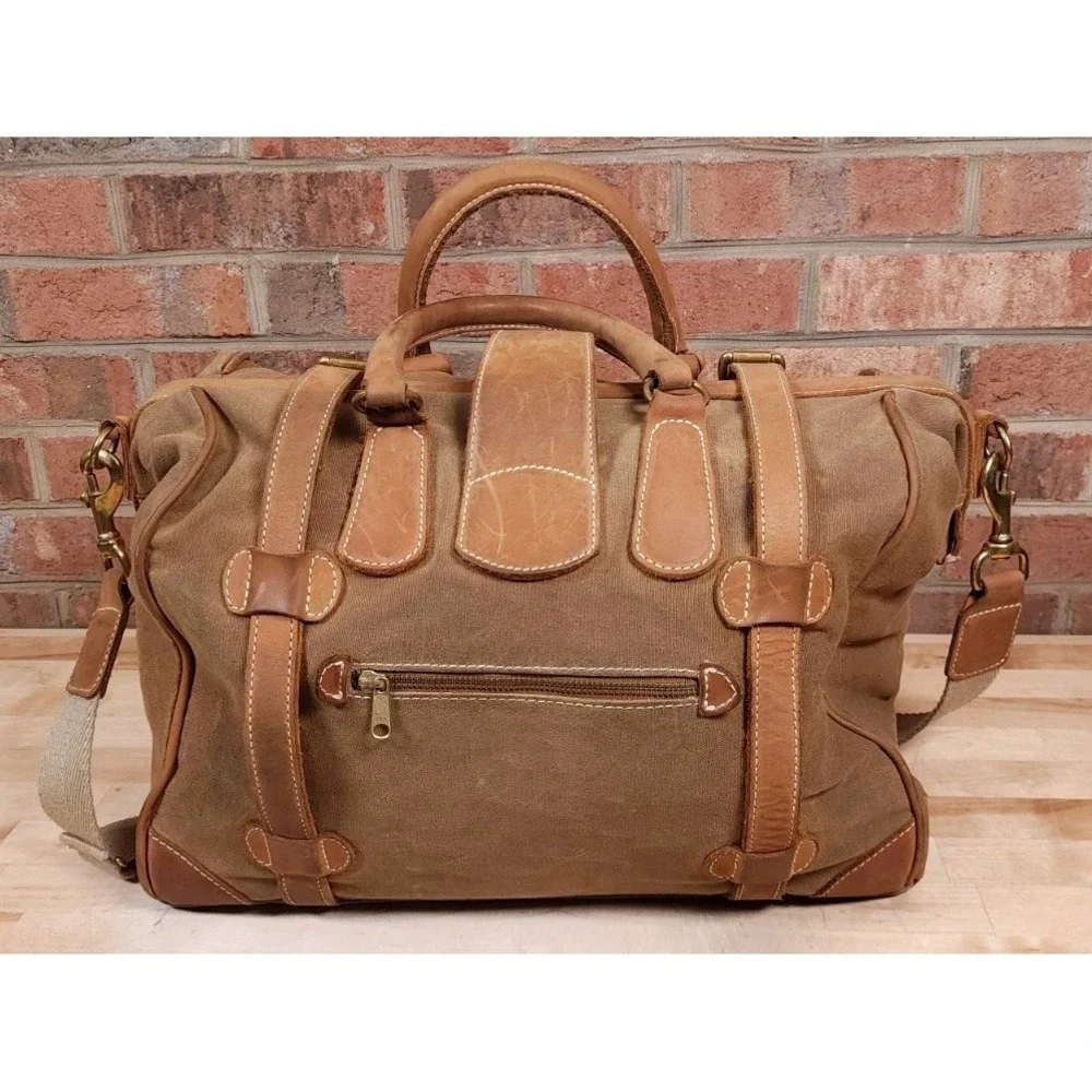 J Peterman Company Leather & Canvas Gladstone Brown Safari Travel Duffle Bag